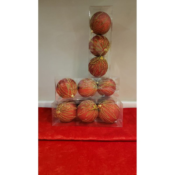 Encontraproduto.com.br - Enfeite Natal 3 Bolas Decoradas Vermelhas com Glitter Dourado 9cm