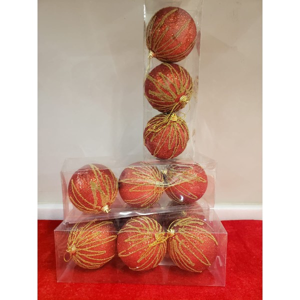 Encontraproduto.com.br - Enfeite Natal 3 Bolas Decoradas Vermelhas com Glitter Dourado 9cm