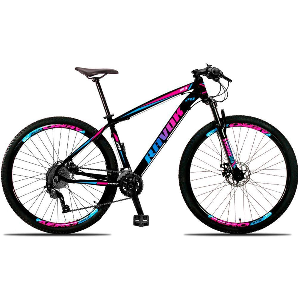Bicicleta Mountain Bike 21 Velocidades Alavanca Alumínio Azul e Rosa Quadro 17
