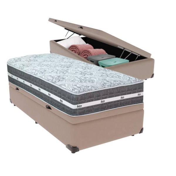 Encontraproduto.com.br - Cama Box Com Baú Bege E Colchão Solteiro Black Grafit Anjos