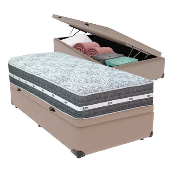 Encontraproduto.com.br - Cama Box Com Baú Bege E Colchão Solteiro Black Grafit Anjos