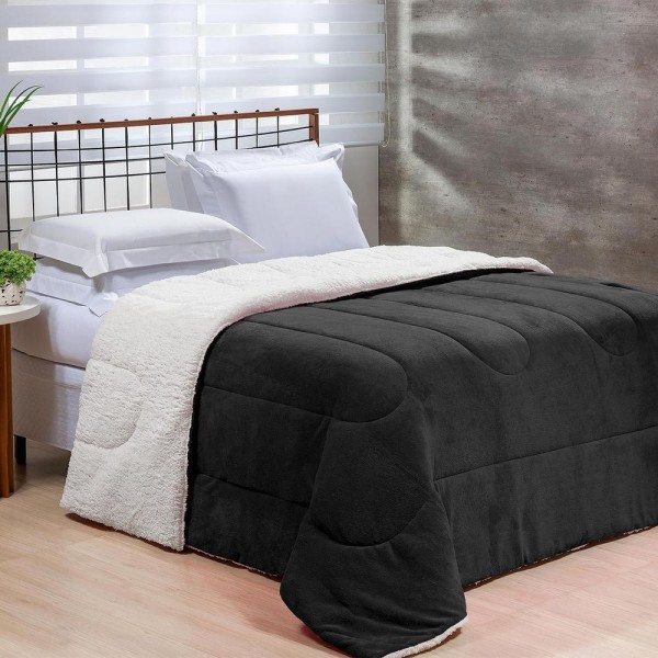 Encontraproduto.com.br - Edredom Queen Coberdrom Noruega Sherpa-mantinha 1 Peça Preto