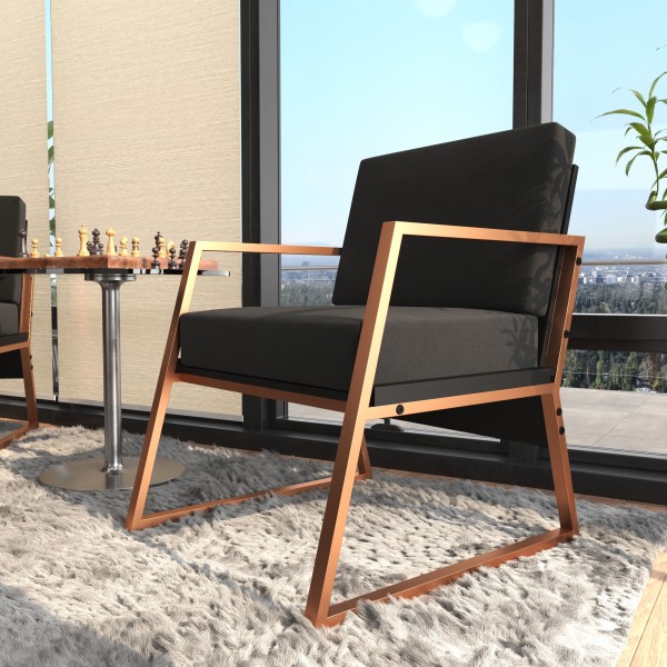 Encontraproduto.com.br - Poltrona Sofá Industrial De Metal E Madeira Estofado Vintage Retrô Preto com Cobre | MOD: Delfos
