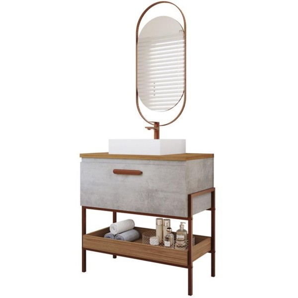 Encontraproduto.com.br - Gabinete De Banheiro Portinari 80 Com Espelho Lumini Cimento Freijo Mgm