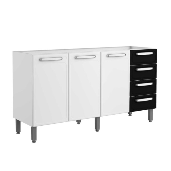 Bancada Armário Multiuso Para Cozinha 3 Portas 4 Gavetas Evidence Sem Tampo Branco e Preto