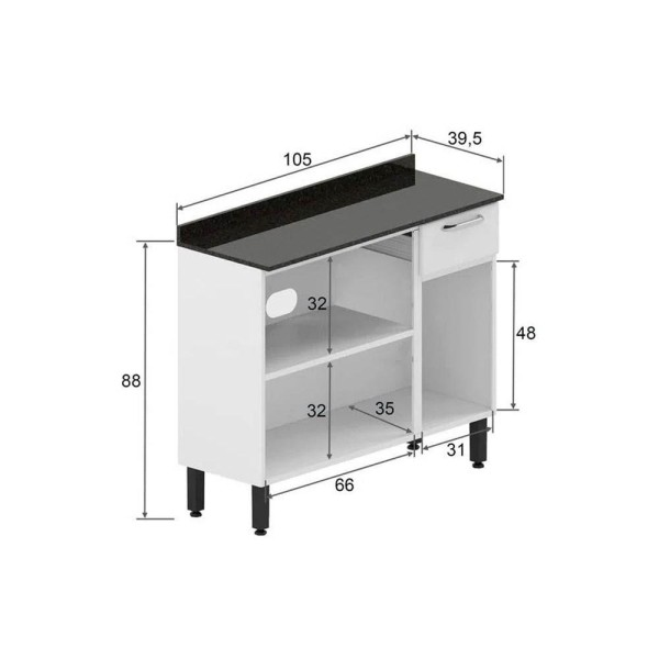 Encontraproduto.com.br - Balcão De Cozinha Dona Maria 6173 3 Portas 1 Gaveta C/ Tampo E Pés 105cm Branco - Bertolini