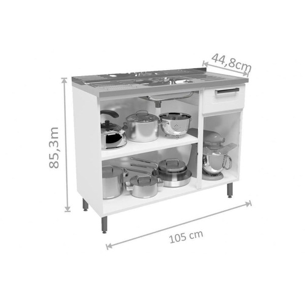 Encontraproduto.com.br - Balcão de Cozinha Modulado c/ Pia Múltipla c/ 3 Portas e 1 Gaveta Branco - Bertolini