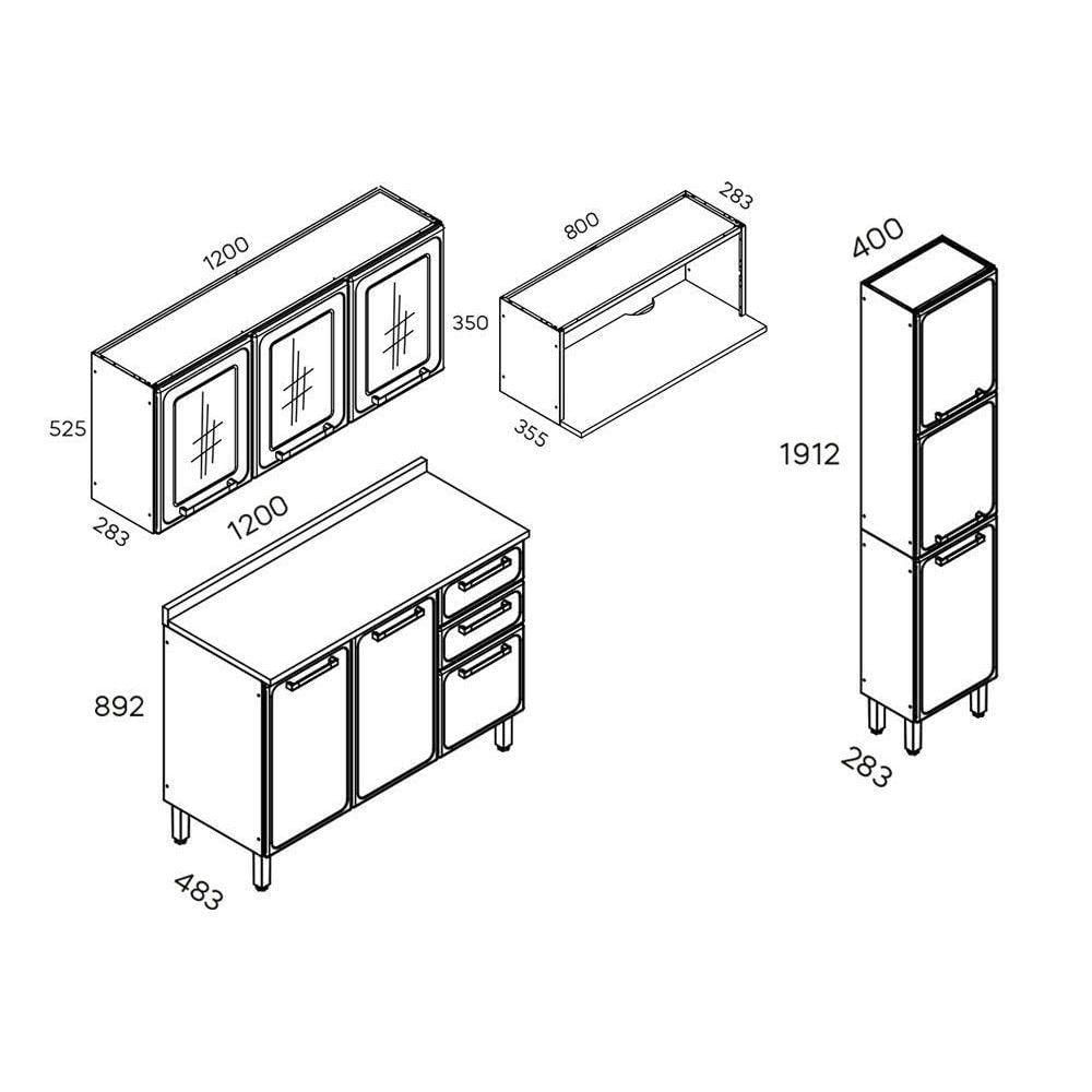 Cozinha Modulada Completa Evidence 4pçs 1 Armário 1 Balcão 1 Paneleiro 1 Complemento C4P45 Branco