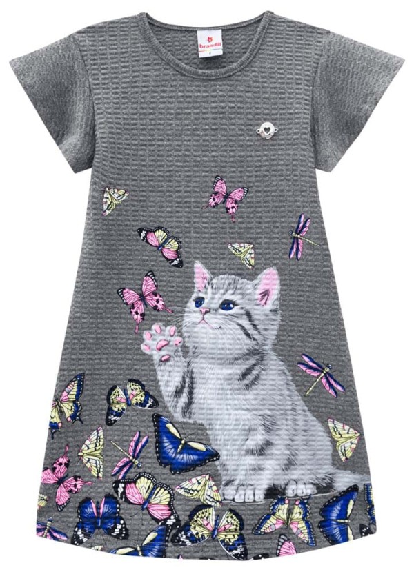 Encontraproduto.com.br - Vestido infantil menina de malha pixel com estampa de gatinho com borboletas Brandili