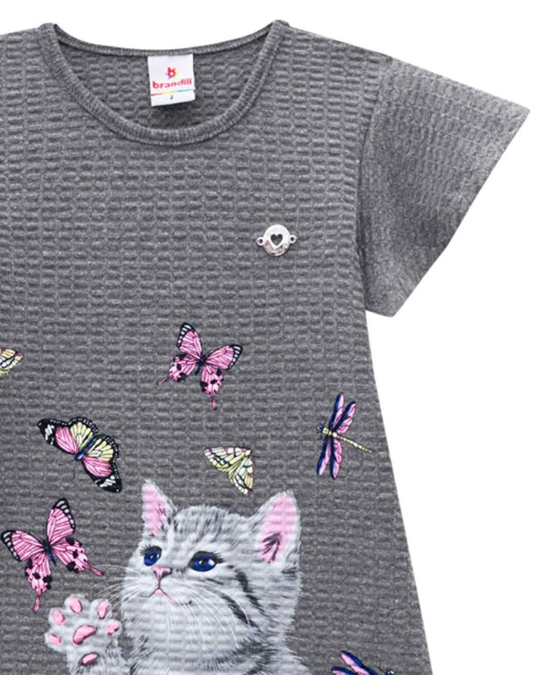 Encontraproduto.com.br - Vestido infantil menina de malha pixel com estampa de gatinho com borboletas Brandili