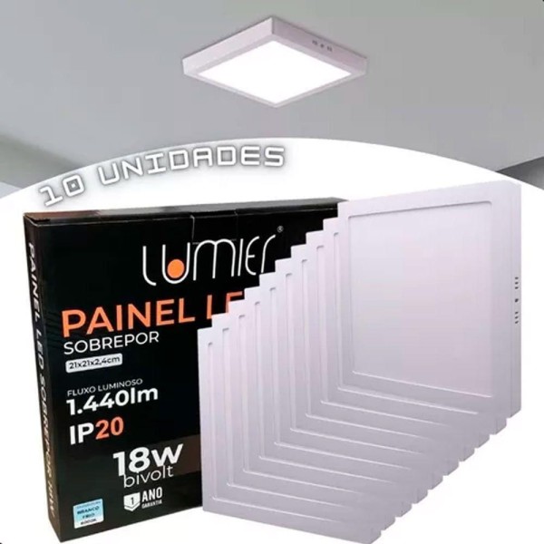 Encontraproduto.com.br - Kit 10 Painel Plafon Led 18w Quadrado Sobrepor Branco Frio
