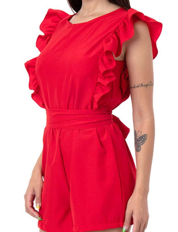 Encontraproduto.com.br - Macaquinho Liso Regata Com Babado - Vermelho