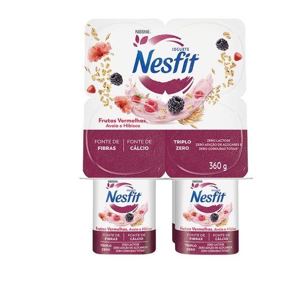Encontraproduto.com.br - Iogurte Nesfit Zero Lactose Frutas Vermelhas, Aveia e Hibisco Bandeja 360g C/ 4 Unid
