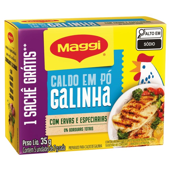 Encontraproduto.com.br - Caldo em Pó Maggi Galinha c/ Ervas e Especiarias Caixa 35g c/ 5 Unidde 7g Cada Grátis 1 Sachê