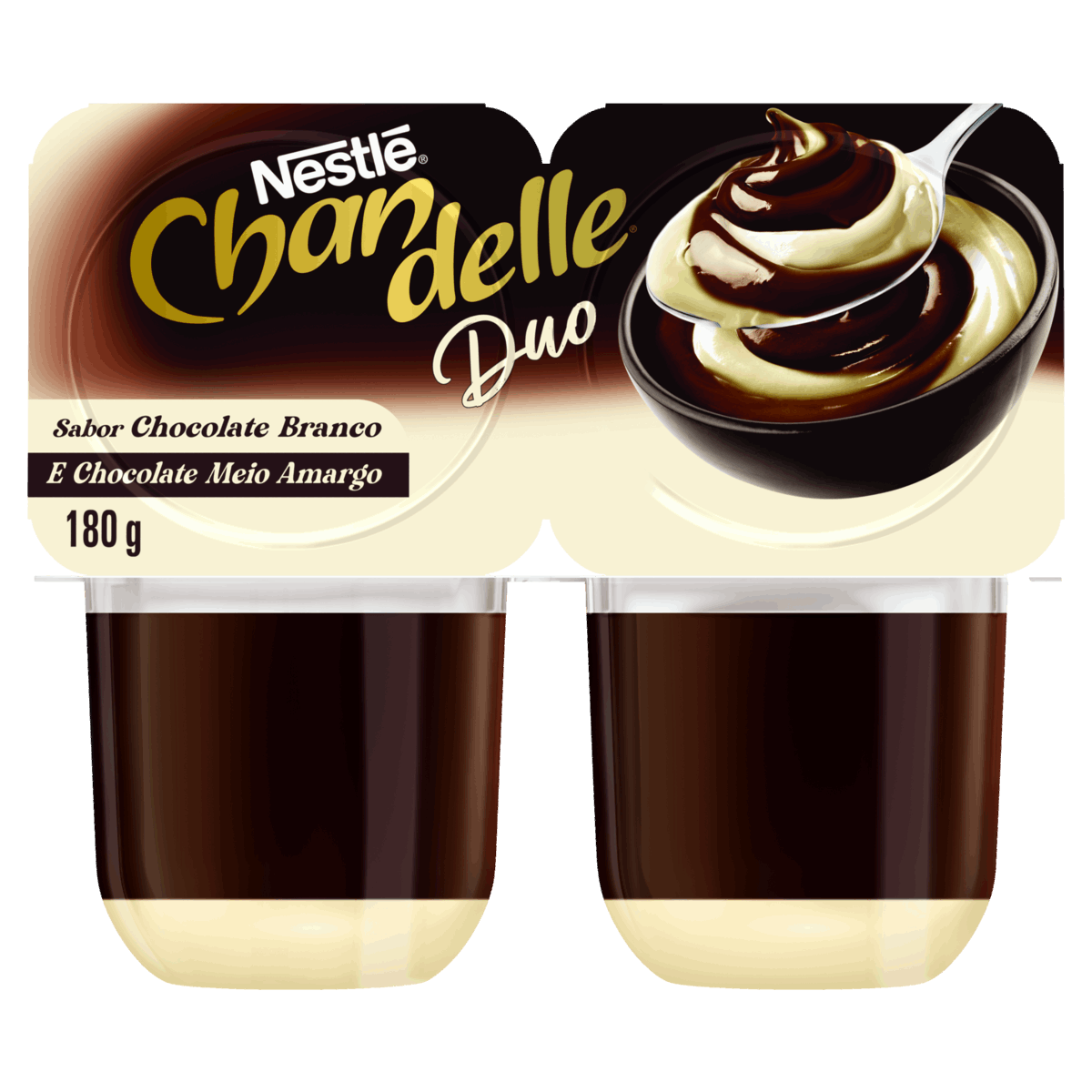 Encontraproduto.com.br - Sobremesa Láctea Chandelle Duo Chocolate Branco e Meio Amargo Bandeja 180g c/ 2 Unid