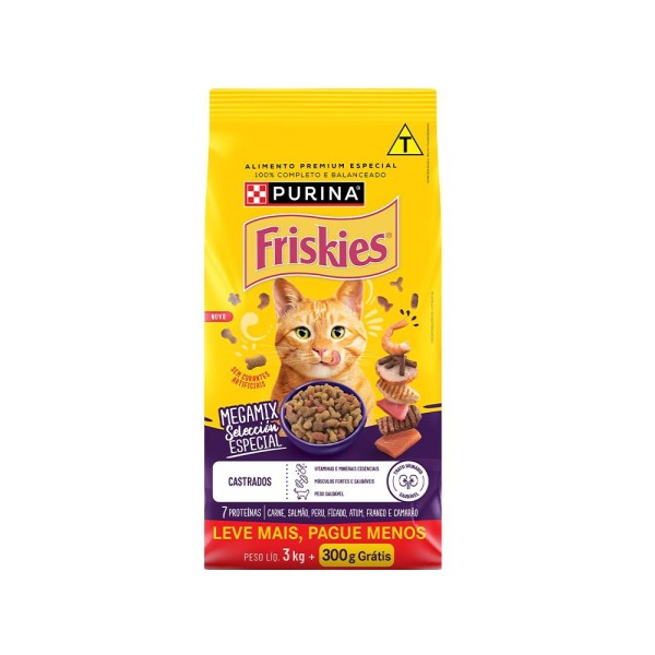 Alimento para gatos castrados Friskies 3kg grátis 300g Megamix