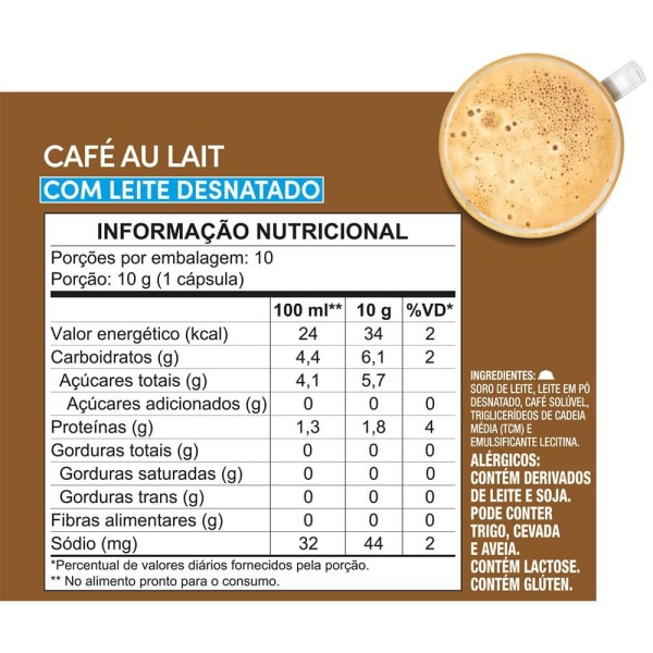 Encontraproduto.com.br - Café em Cápsula Nescafé Dolce Gusto Cafe Au Lait Desnatado 10 Cápsulas 100g