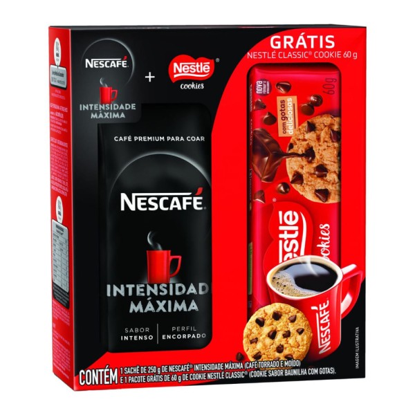 Encontraproduto.com.br - Kit Café em Pó Nescafé Intensidade Máxima Premium 250g Grátis Biscoito Cookie Baunilha com Gotas Nestlé Classic 60g
