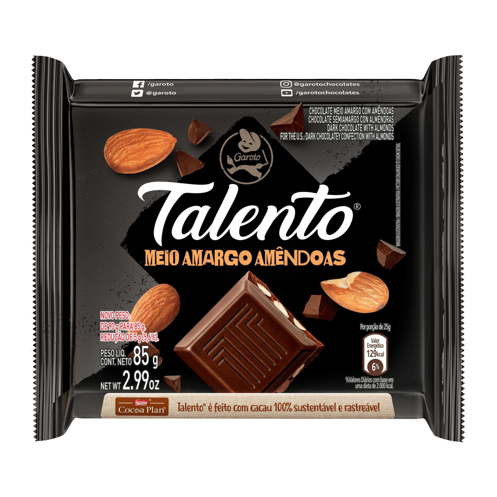 Chocolate Meio Amargo Garoto Talento c/ Amêndoas 85g