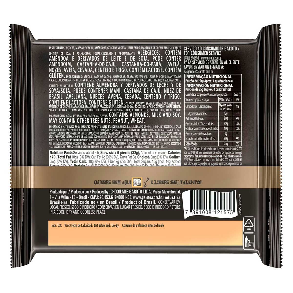 Encontraproduto.com.br - Chocolate Meio Amargo Garoto Talento c/ Amêndoas 85g