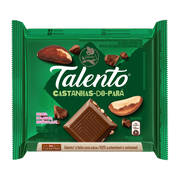 Encontraproduto.com.br - Chocolate Garoto Talento ao Leite com Castanha do Pará 85g