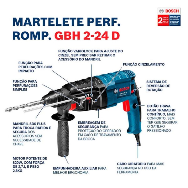 Encontraproduto.com.br - Martelete, Perfurador e Rompedor Bosch 820W GBH2-24