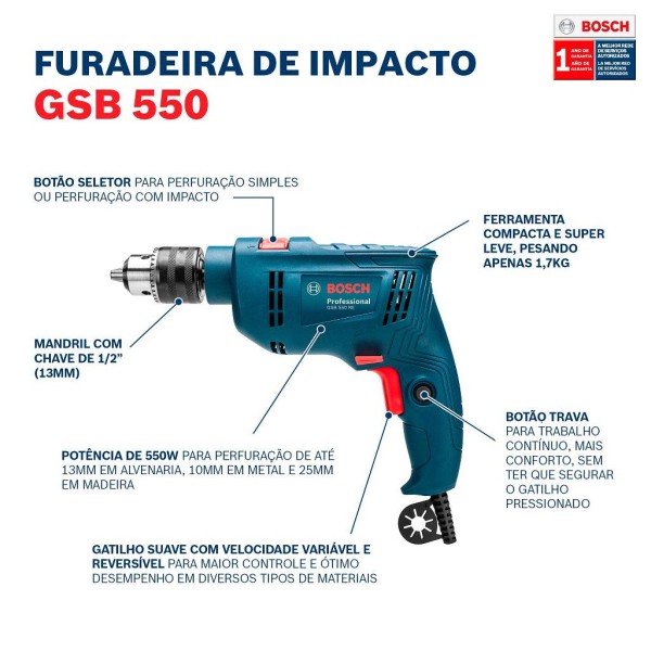 Encontraproduto.com.br - Furadeira de Impacto 1/2 GSB550-RE 550W com 14 Brocas Bosch