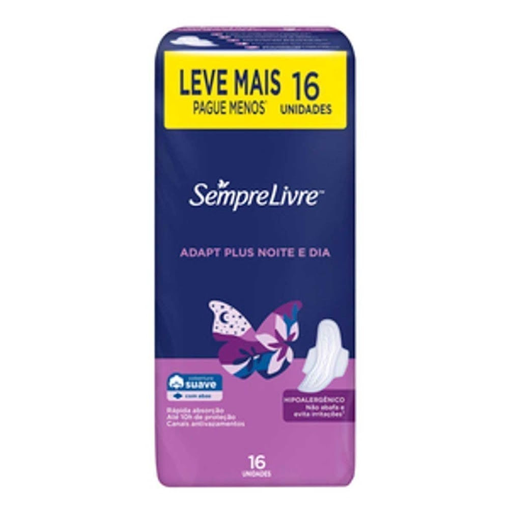 Encontraproduto.com.br - Absorvente Externo Sempre Livre Adapt Plus Noite e Dia Cobertura Suave com Abas Com 16 Unidades