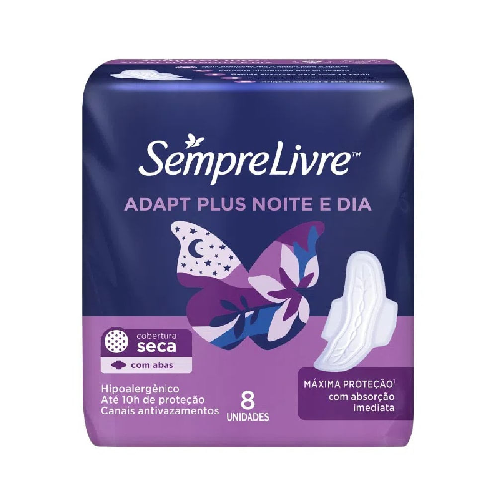 Absorvente Sempre Livre Adapt Plus Noite e Dia Cobertura Seca c/ Abas c/ 8 Unid
