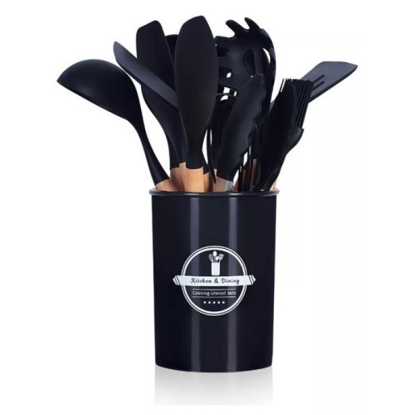 Encontraproduto.com.br - Conjunto de Utensílios de Cozinha em Silicone e Cabo de Madeira Antiaderentes C/12 Peças Preto