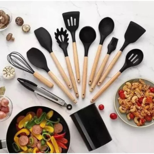 Encontraproduto.com.br - Conjunto de Utensílios de Cozinha em Silicone e Cabo de Madeira Antiaderentes C/12 Peças Preto