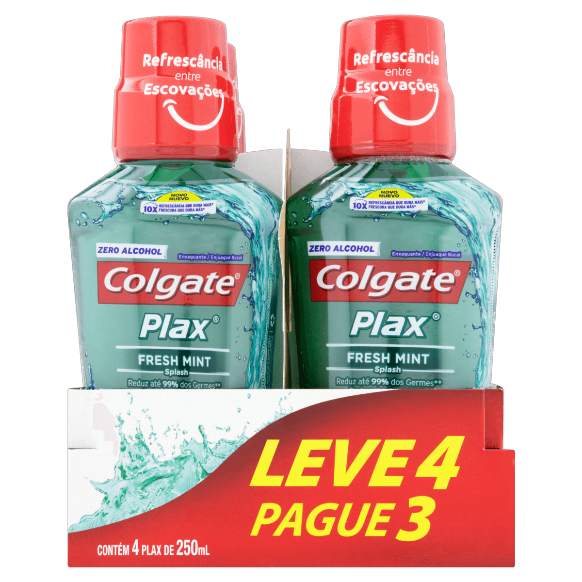 Encontraproduto.com.br - Pack Enxaguante Bucal Zero Álcool Fresh Mint Colgate Plax Frasco Leve 4 Pague 3 Unidades 250ml Cada