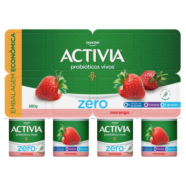 Encontraproduto.com.br - Leite Fermentado Desnatado Zero Lactose Sabor Morango Activia Zero 680g 8 Unidades Embalagem Econômica