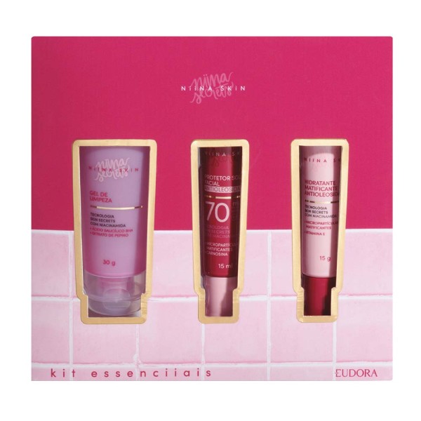 Encontraproduto.com.br - Kit Essenciiais Niina Skin: Gel de Limpeza 30ml + Hidratante Matificante 15g + Protetor Solar 15ml