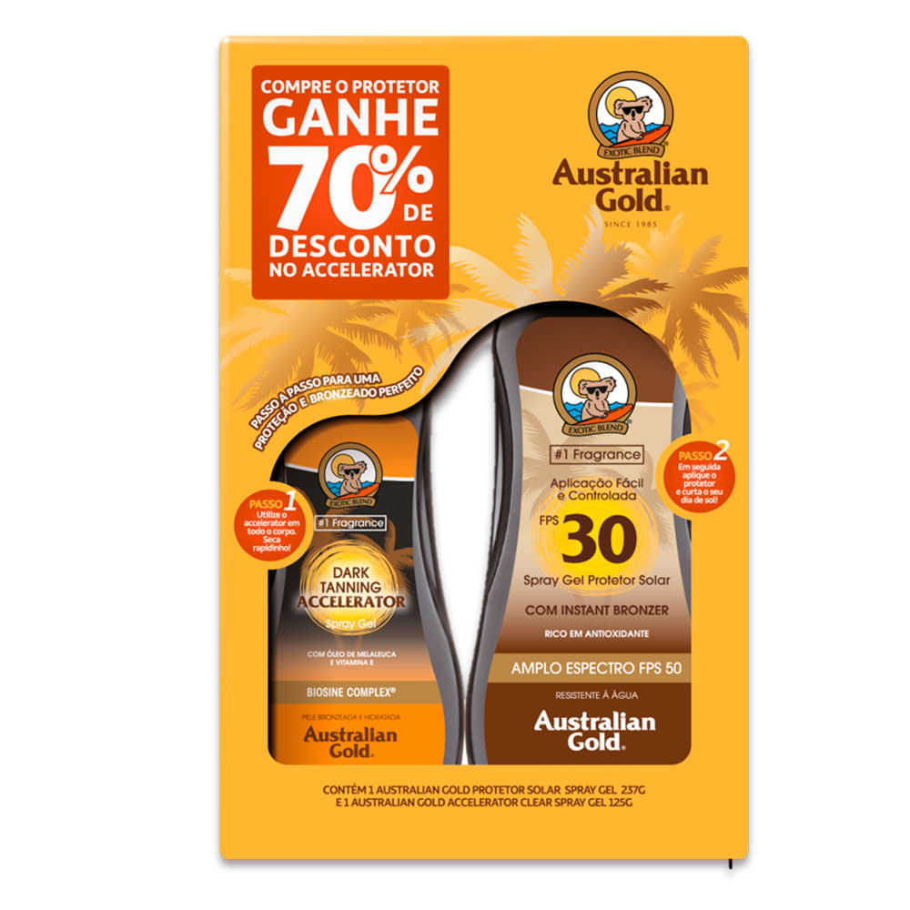 Kit Australian Gold Protetor Solar Bronzer Fps30 275ml + Acelerador De Bronzeado 125ml