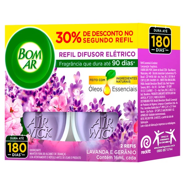 Encontraproduto.com.br - Odorizador de Ambiente Bom Ar Lavanda e Gerânio Refil Elétrico 16ml Com 2 Unidades