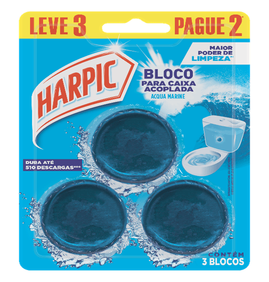 Encontraproduto.com.br - Desodorizador Bloco Sanitário Harpic Acqua Marine Blíster com 3 unidades