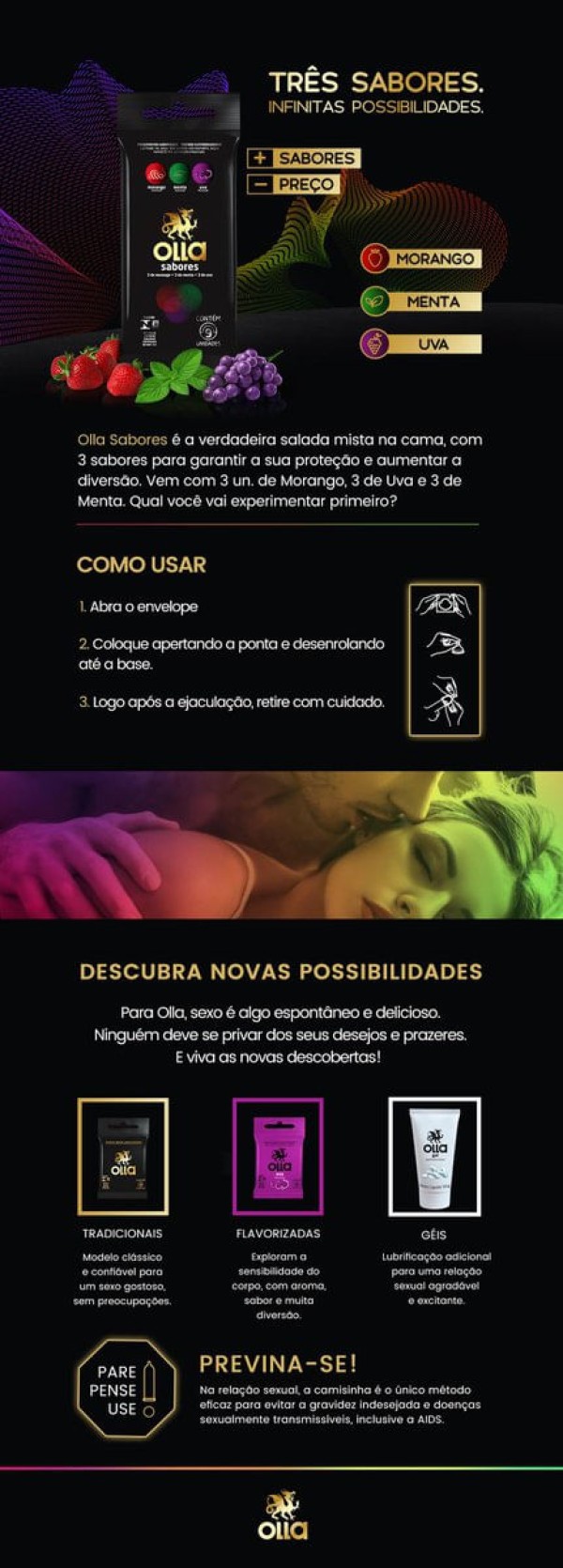 Encontraproduto.com.br - Preservativo Olla Sabores Morango/Menta/Uva 9 Unidades