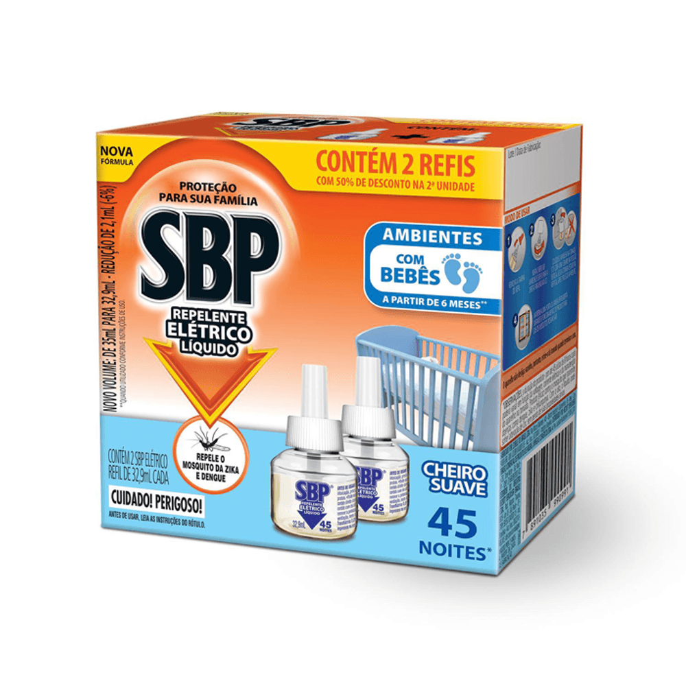Encontraproduto.com.br - Repelente Líquido Elétrico Cheiro Suave SBP Caixa 2 Unidades 32,9ml Cada Grátis 50% de Desconto na 2ª Unidade Refil