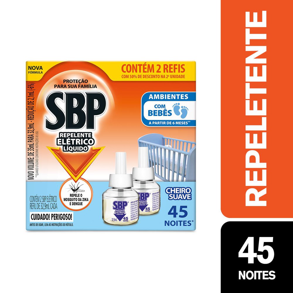 Encontraproduto.com.br - Repelente Líquido Elétrico Cheiro Suave SBP Caixa 2 Unidades 32,9ml Cada Grátis 50% de Desconto na 2ª Unidade Refil