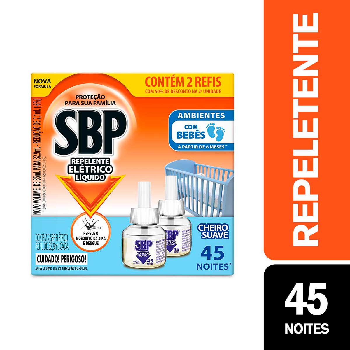 Encontraproduto.com.br - Repelente Líquido Elétrico Cheiro Suave SBP Caixa 2 Unidades 32,9ml Cada Grátis 50% de Desconto na 2ª Unidade Refil