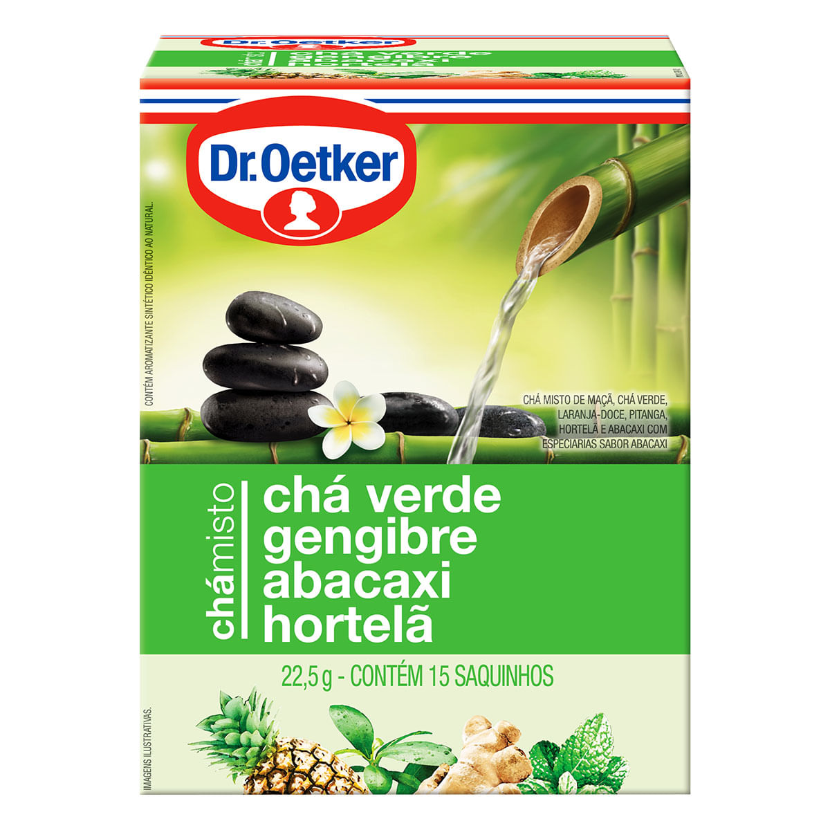 Encontraproduto.com.br - Chá Misto de Chá Verde, Gengibre, Abacaxi e Hortelã Dr. Oetker Caixa com 15 Sachês 22,5g