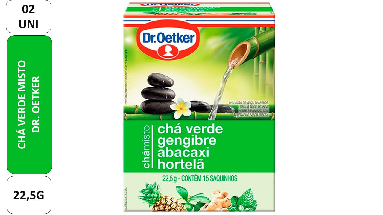 Encontraproduto.com.br - Chá Misto de Chá Verde, Gengibre, Abacaxi e Hortelã Dr. Oetker Caixa com 15 Sachês 22,5g