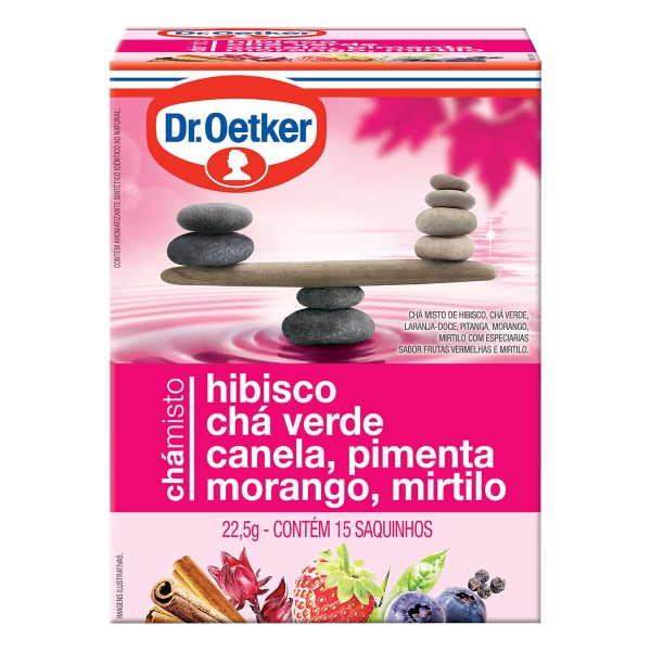 Encontraproduto.com.br - Chá Misto Dr. Oetker Hibisco, Chá Verde, Canela, Pimenta, Morango e Mirtilo com 15 Unidades