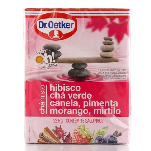 Encontraproduto.com.br - Chá Misto Dr. Oetker Hibisco, Chá Verde, Canela, Pimenta, Morango e Mirtilo com 15 Unidades