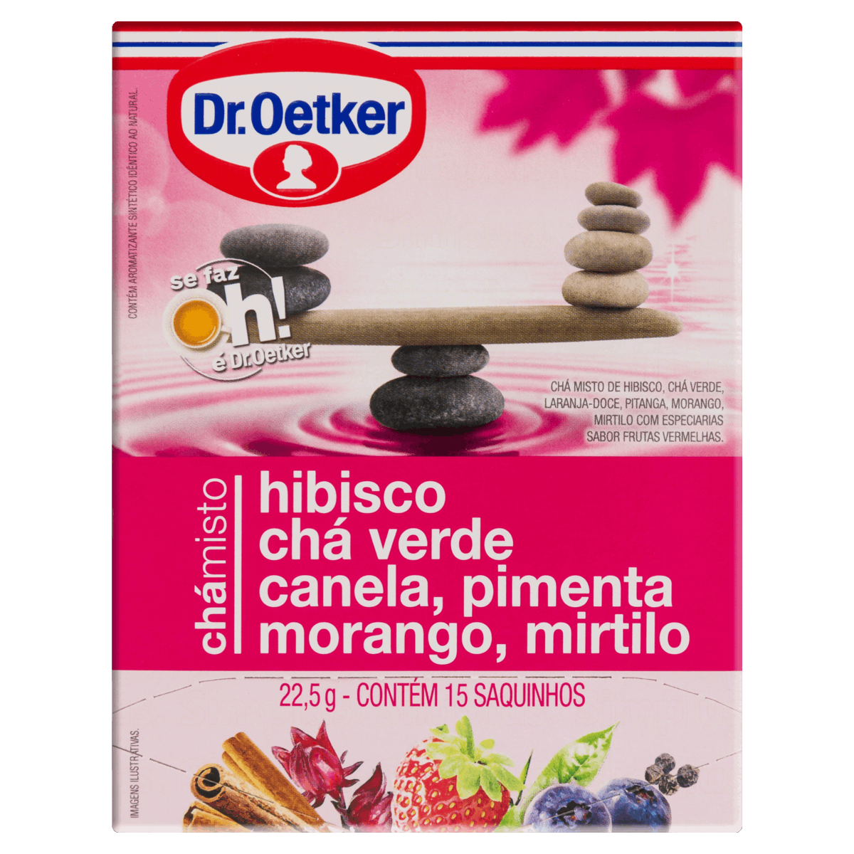 Encontraproduto.com.br - Chá Misto Dr. Oetker Hibisco, Chá Verde, Canela, Pimenta, Morango e Mirtilo com 15 Unidades