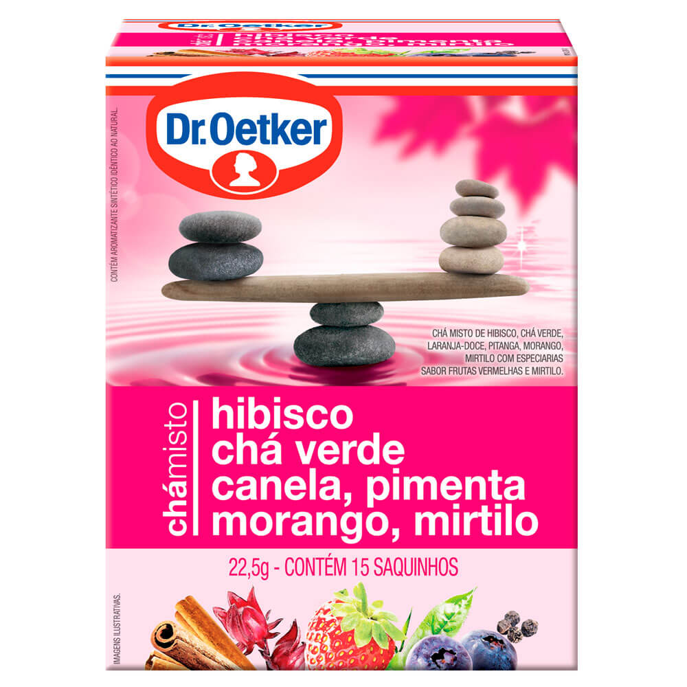 Encontraproduto.com.br - Chá Misto Dr. Oetker Hibisco, Chá Verde, Canela, Pimenta, Morango e Mirtilo com 15 Unidades