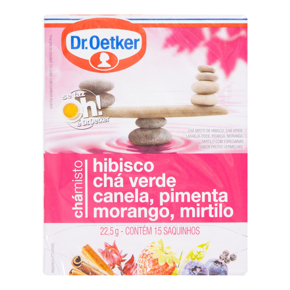 Encontraproduto.com.br - Chá Misto Dr. Oetker Hibisco, Chá Verde, Canela, Pimenta, Morango e Mirtilo com 15 Unidades