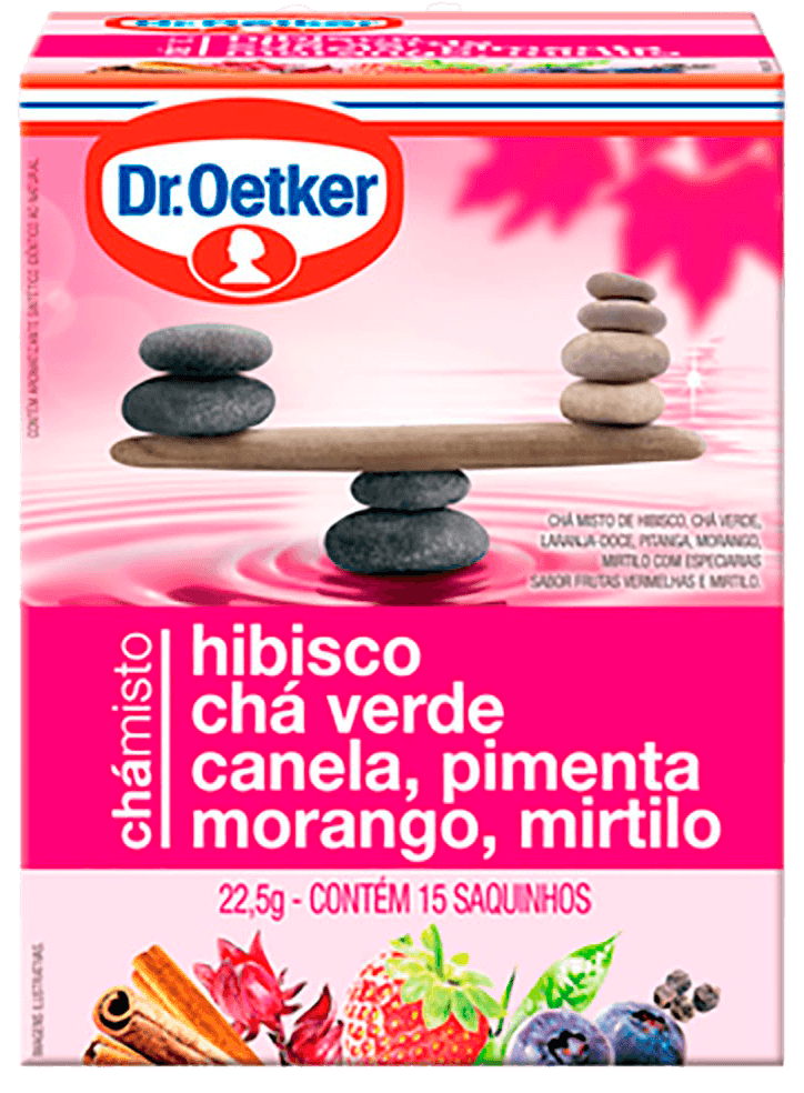 Encontraproduto.com.br - Chá Misto Dr. Oetker Hibisco, Chá Verde, Canela, Pimenta, Morango e Mirtilo com 15 Unidades