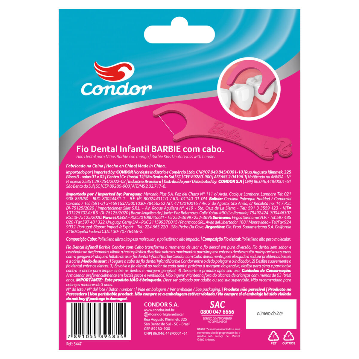 Encontraproduto.com.br - Fio Dental Infantil Com Cabo Barbie Condor 40 Unidades